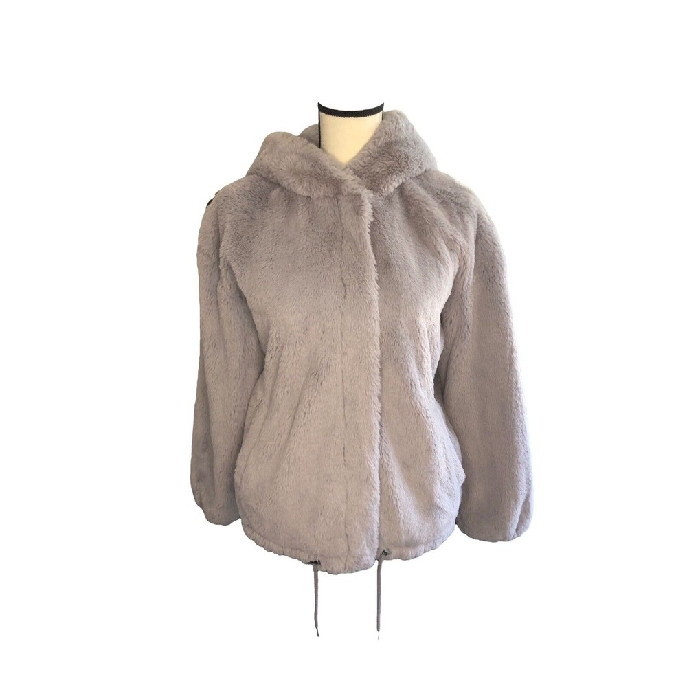Lucky Brand Bomber Jacket Women XS HAZE Faux Fur Hooded Oversized Coat Read